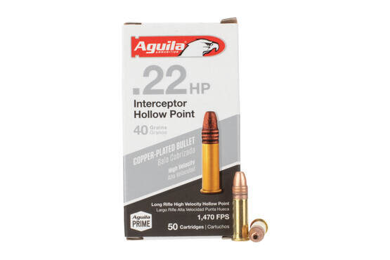 Aguila Special Interceptor ammo offers a .22LR 40 grain cartridge in a brass casing with a hollow point
